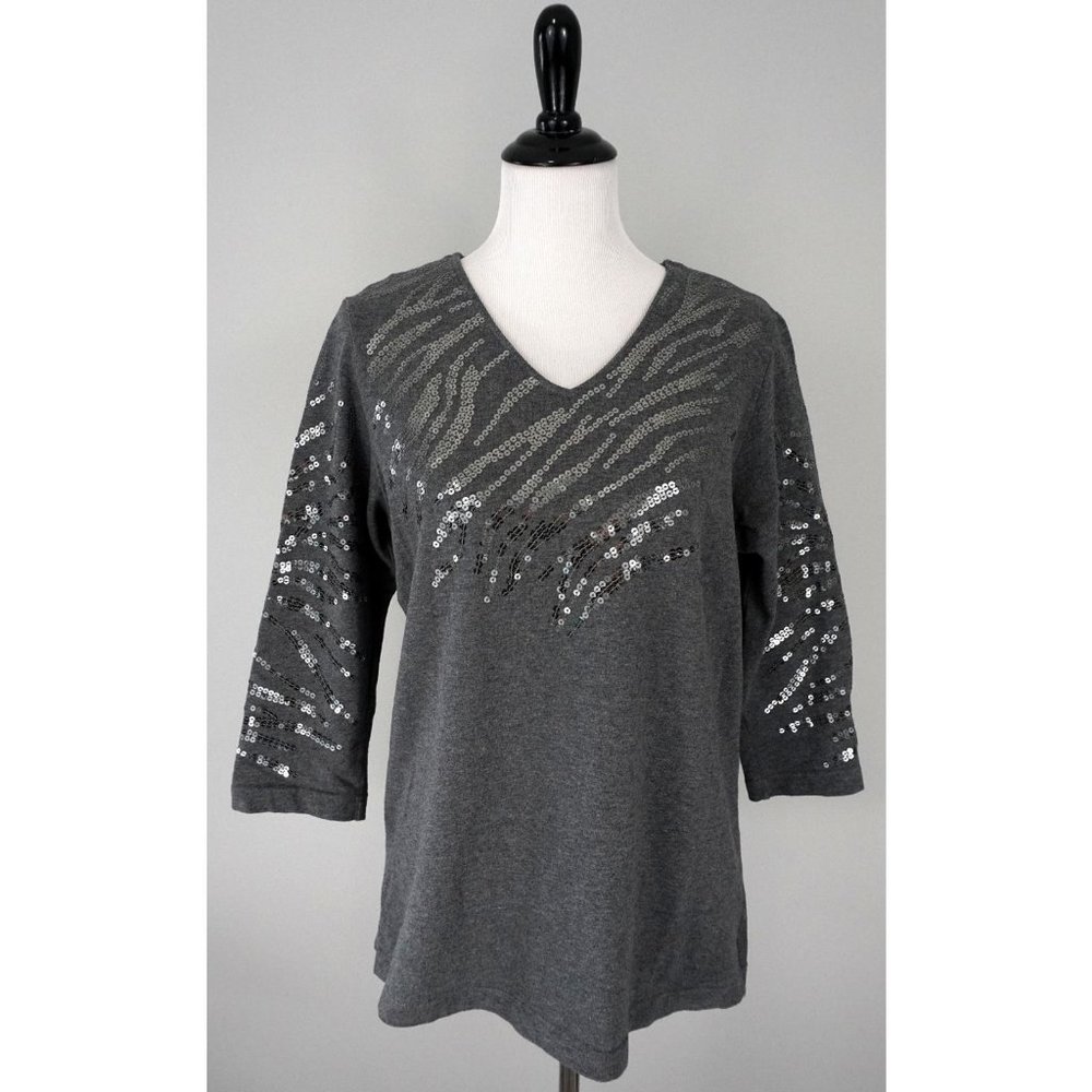 Quacker Factory Gray Sequin 3/4 Sleeve V-Neck Top - image 1